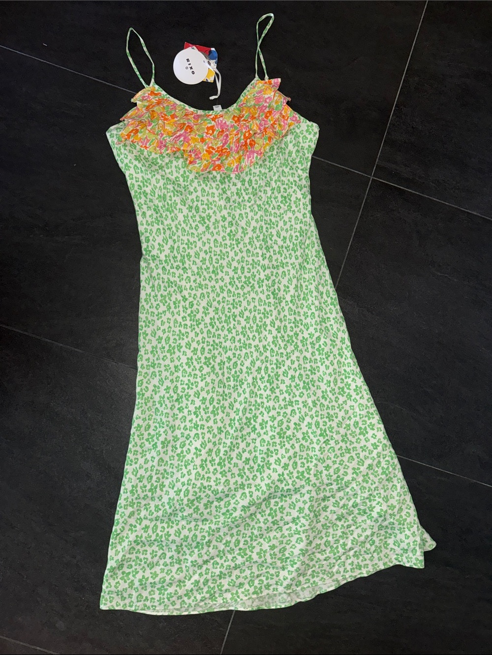 RIXO Green Floral Midi Slip Dress with Neon Ruffle Yoke